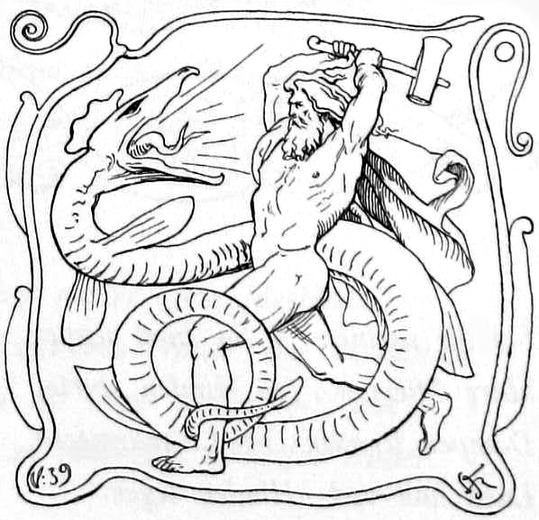 Thor und Jörmungard im Kampf zu Ragnarök