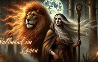 a woman with long hair and a lion head under the fullmoon