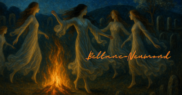 Frauen tanzen zum Neumond um das Beltane Feuer